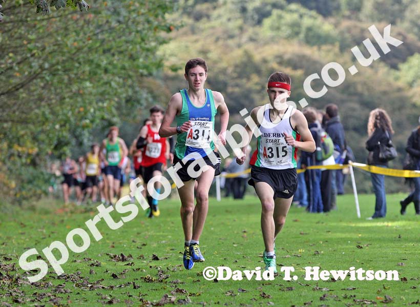 A311 Joshua Naisbitt (City of Sheffield) and Daniel Haymes (Derby AC) lead the under-17 mens Northern Cross Country Relays, Graves Park, Sheffield.